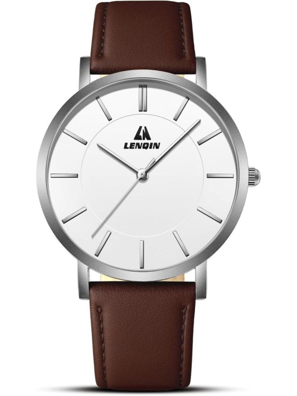 LN LENQIN Men's Silver White Brown Analog Quartz Leather Strap Wrist Watch